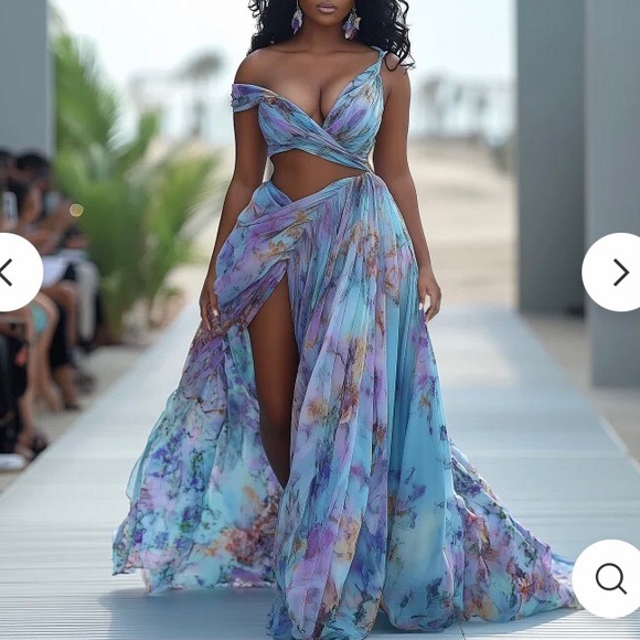Loragal Dresses & Skirts - Deep V Neck Cutout Maxi Dress Asymmetrical High Slit Blue Multicolor Size M